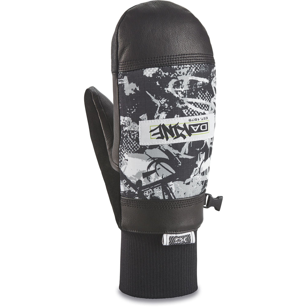 Dakine Pinto mitt with black-and-white graphic back, fleece lining, logo patch and strap