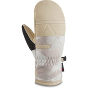 Women’s ski mitt with beige and white panels, camo print, black wrist strap