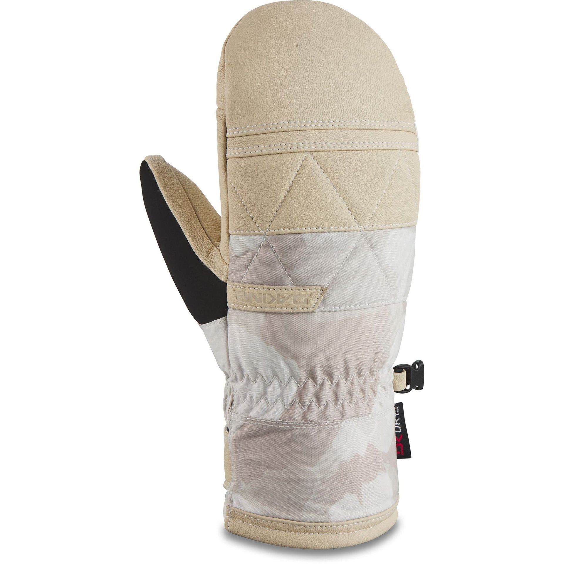 Women’s ski mitt with beige and white panels, camo print, black wrist strap