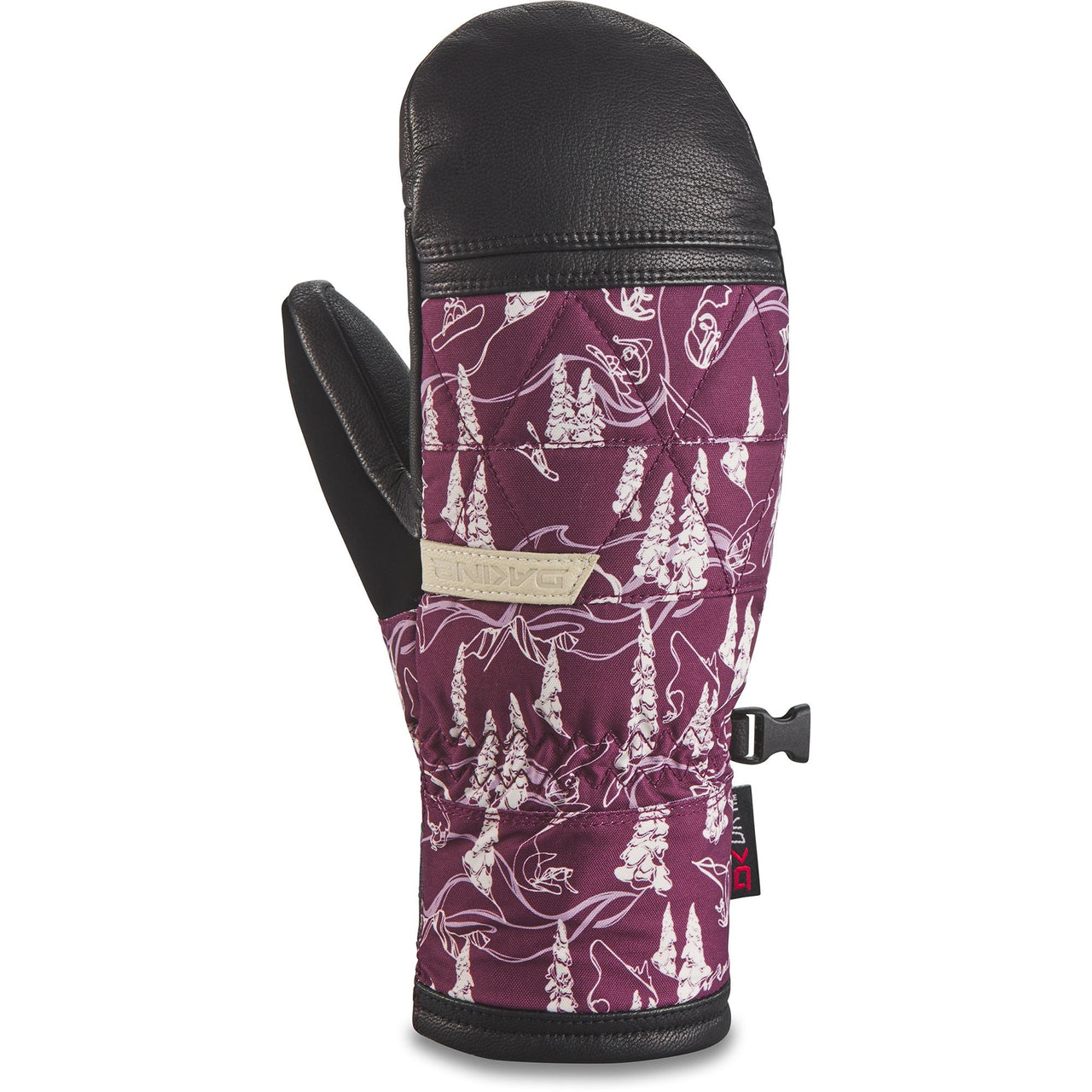 Women’s ski mitt with maroon patterned fabric, black leather palm, cuff strap