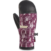 Women’s ski mitt with maroon patterned fabric, black leather palm, cuff strap