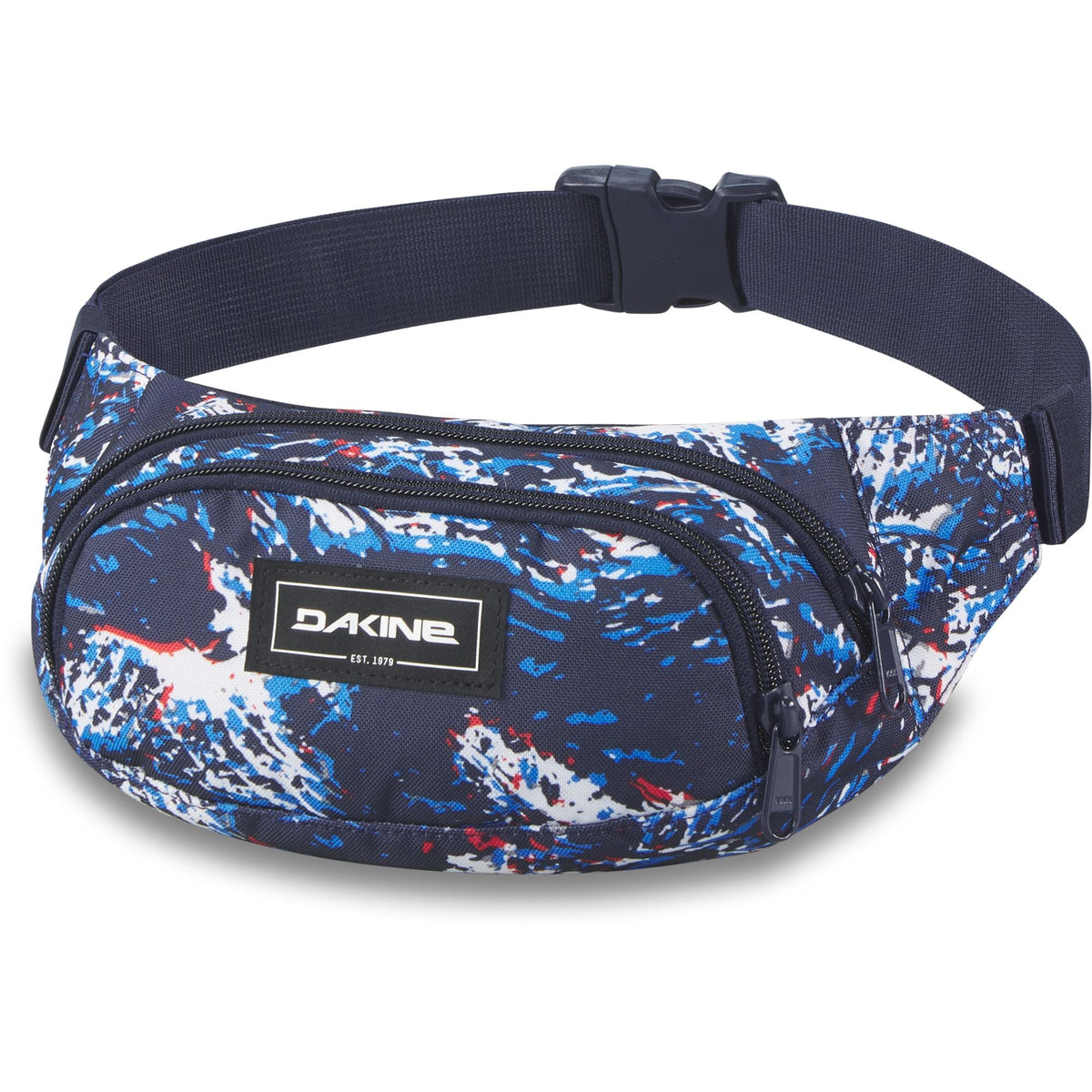 Blue patterned hip pack with black strap and front zip pocket, Dakine patch