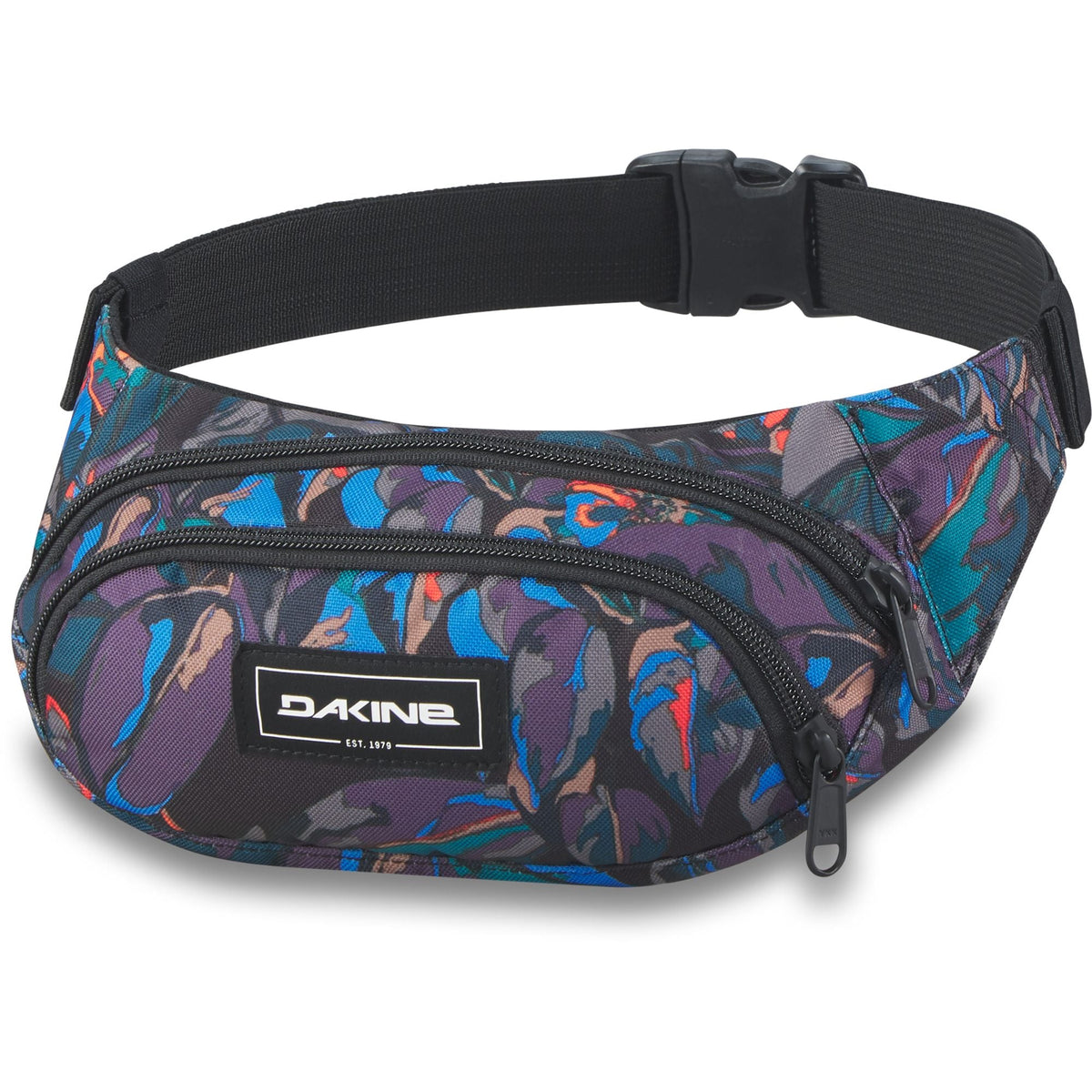Multicolor graffiti hip pack with black strap and front zip pocket, Dakine patch