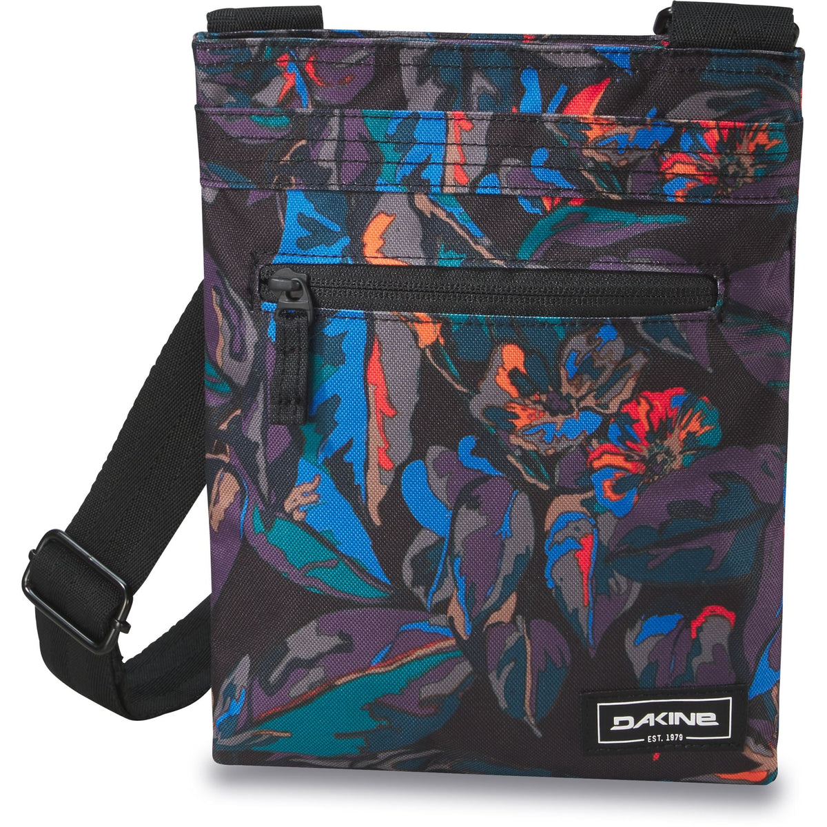Colorful graffiti crossbody bag with front zip pocket and adjustable strap, Dakine patch
