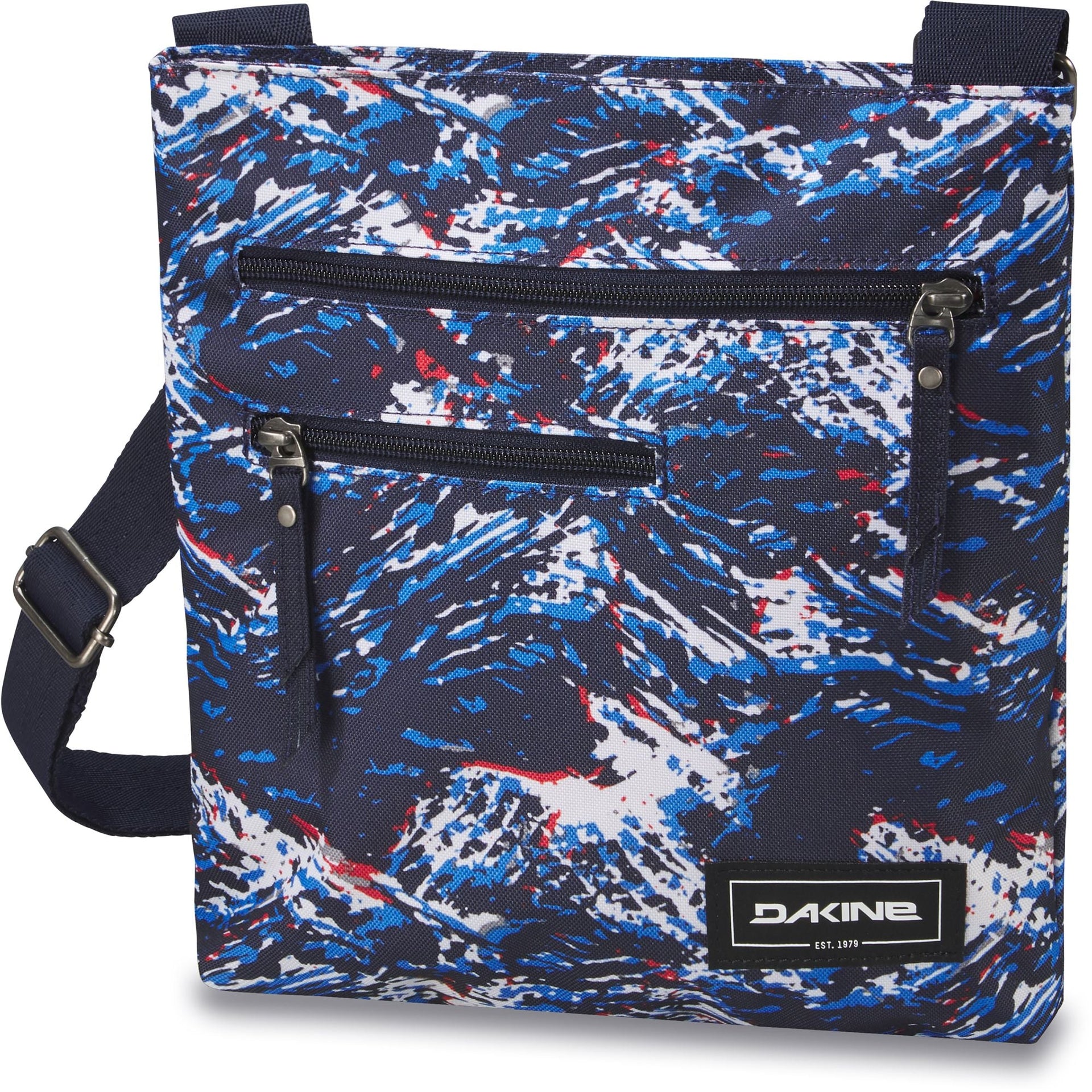 Dakine Jo Jo crossbody bag, dark blue camo print with front zip pocket and adjustable strap