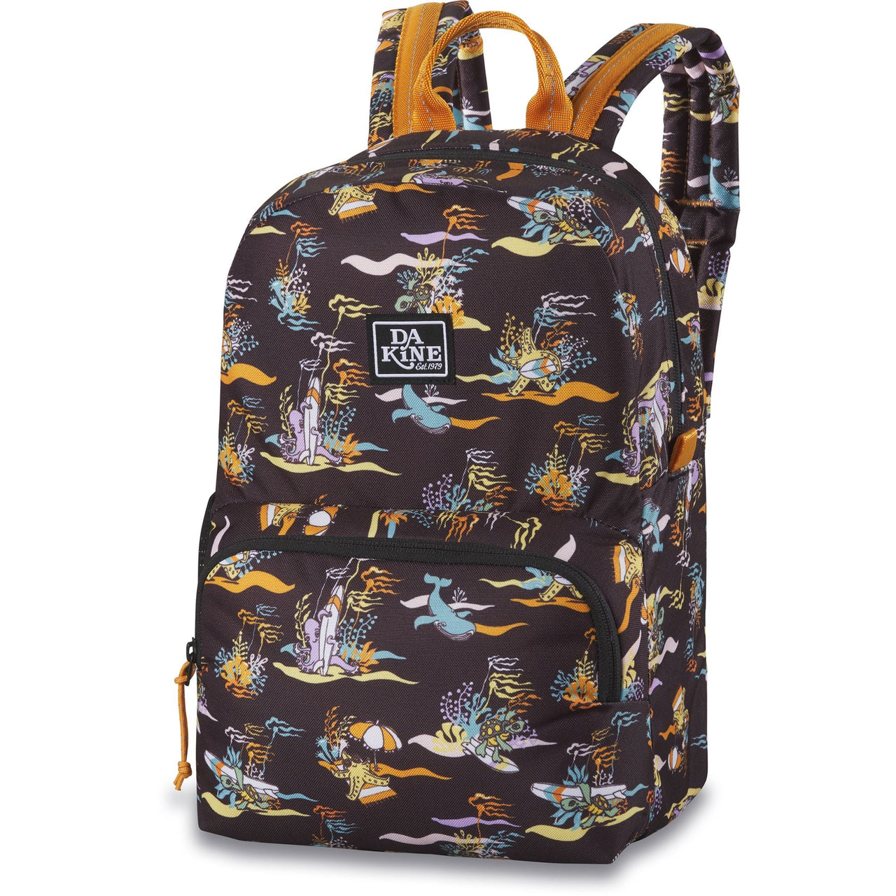 Youth cubby backpack with dark dinosaur pattern, front zip pocket, and side draw cord