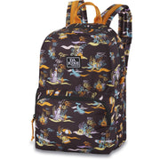 Youth cubby backpack with dark dinosaur pattern, front zip pocket, and side draw cord