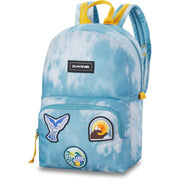Youth cubby backpack in light blue tie-dye with front patches and zip pocket