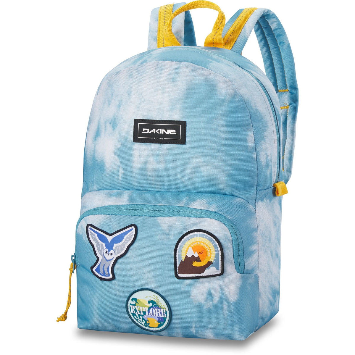 Youth cubby backpack in light blue tie-dye with front patches and zip pocket