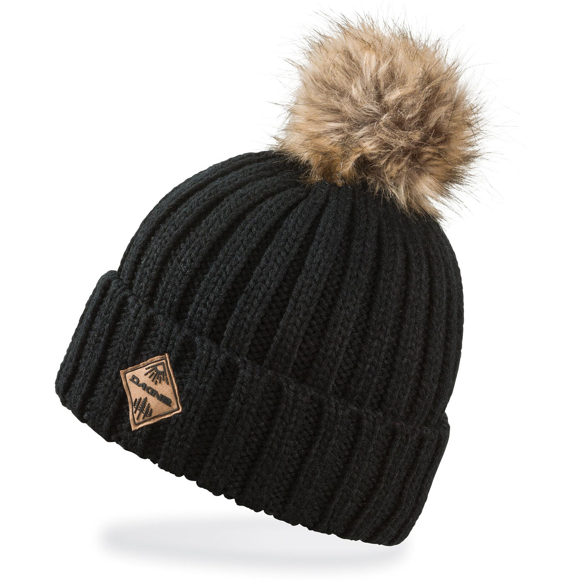 Black youth knit beanie with tan pom-pom and leather-style logo patch