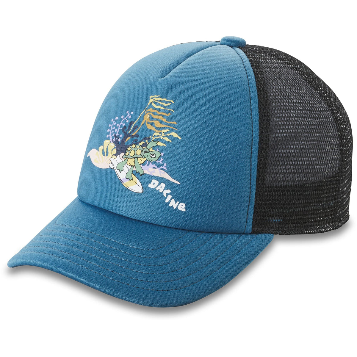 Kids trucker hat with blue front panel, black mesh back, and stitched mountain logo