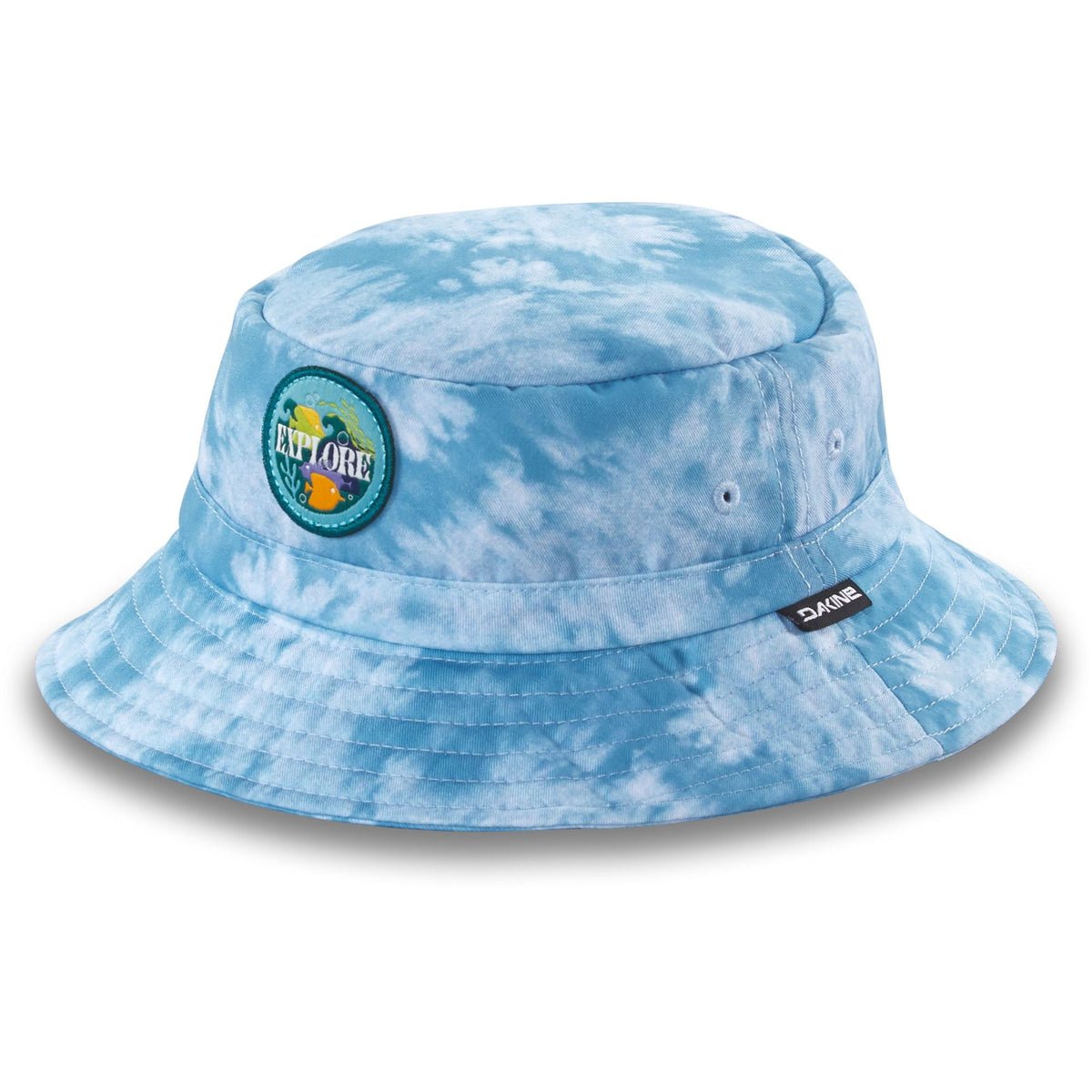 Youth blue bucket hat with graphic patch logo and stitched brim eyelets