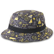 Youth black bucket hat with yellow doodle graphics and branded side label