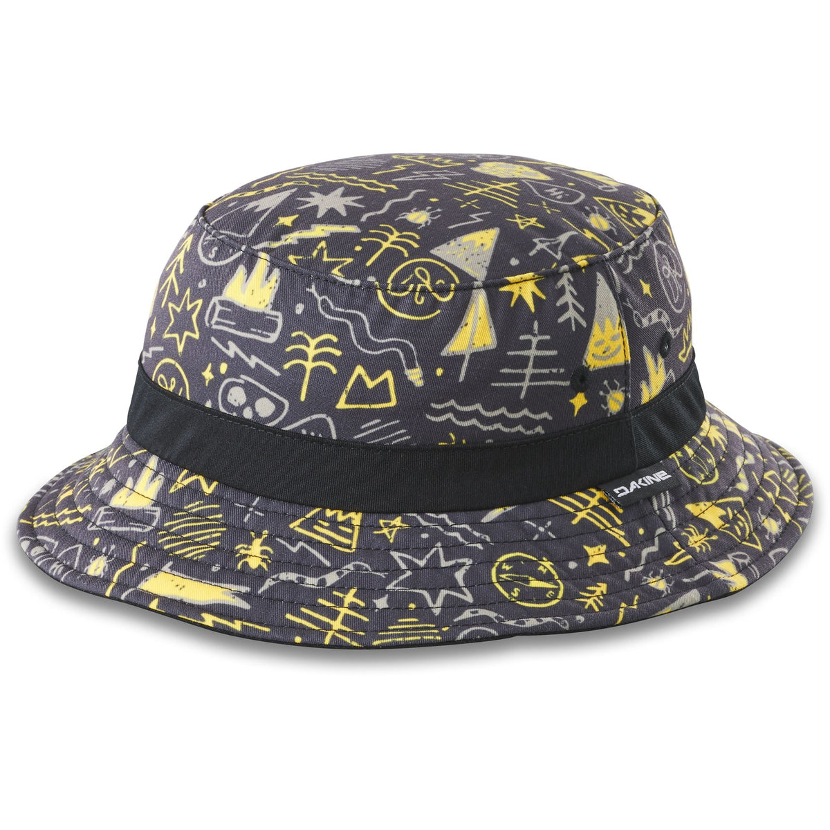 Youth black bucket hat with yellow doodle graphics and branded side label
