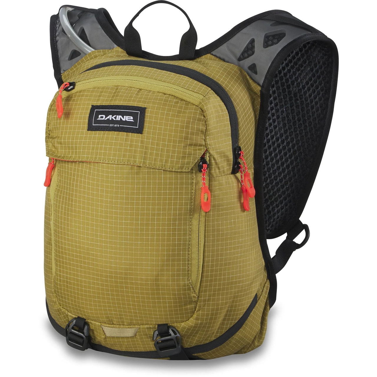8L green backpack with front panel pocket, mesh back, red zipper pulls