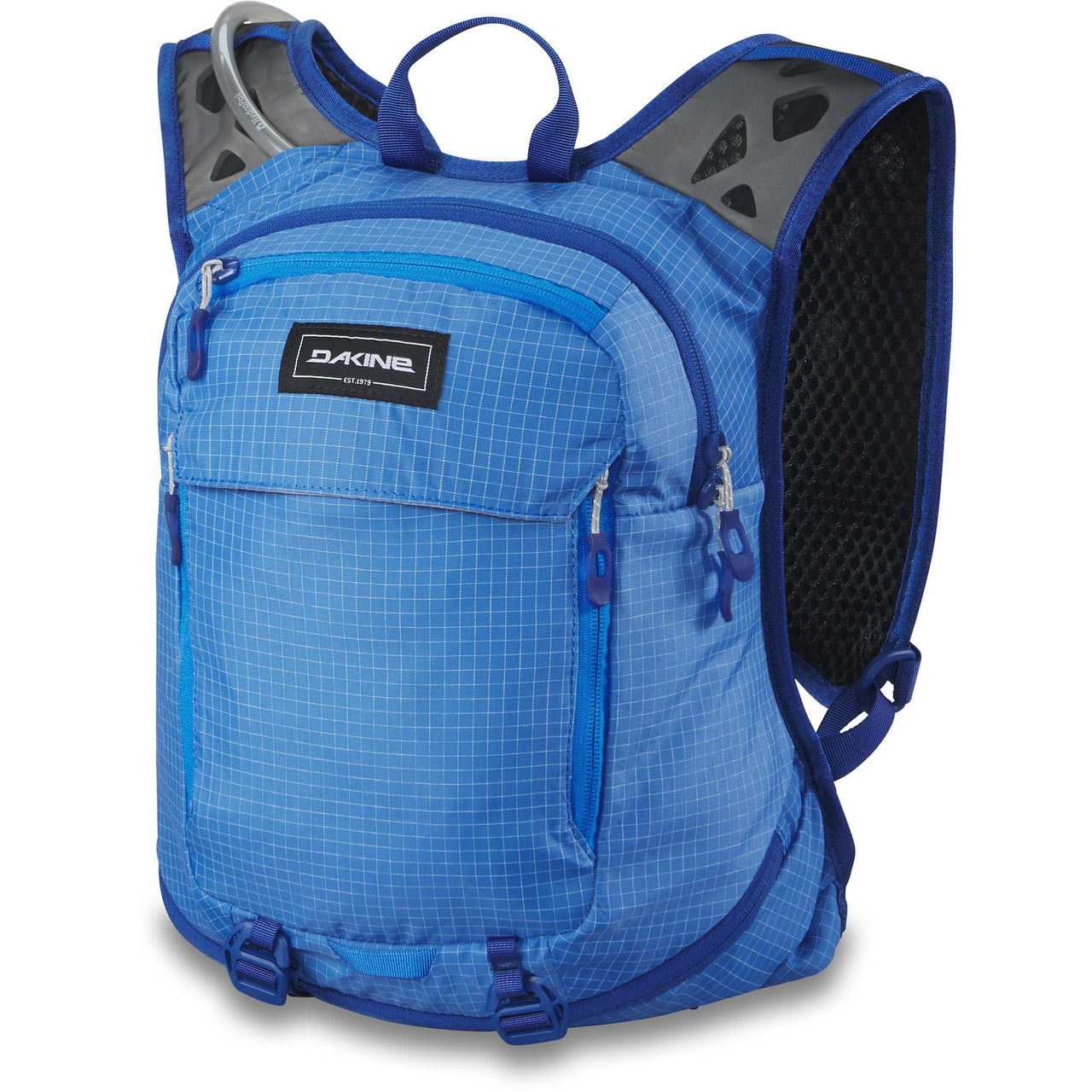 8L blue backpack with front panel pocket, mesh back, blue zipper pulls