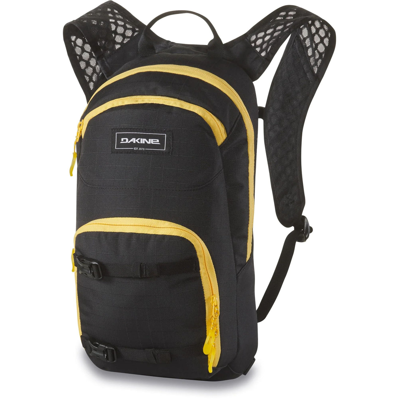 Black youth backpack with yellow trim, front zip pocket and padded shoulder straps