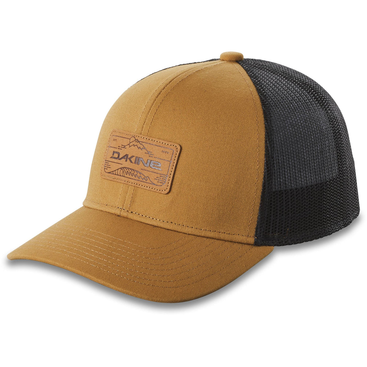 Dakine eco trucker hat, tan front with dark gray mesh and leather logo patch