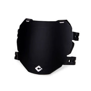 Black downhill number plate with side mounting brackets and strap clip