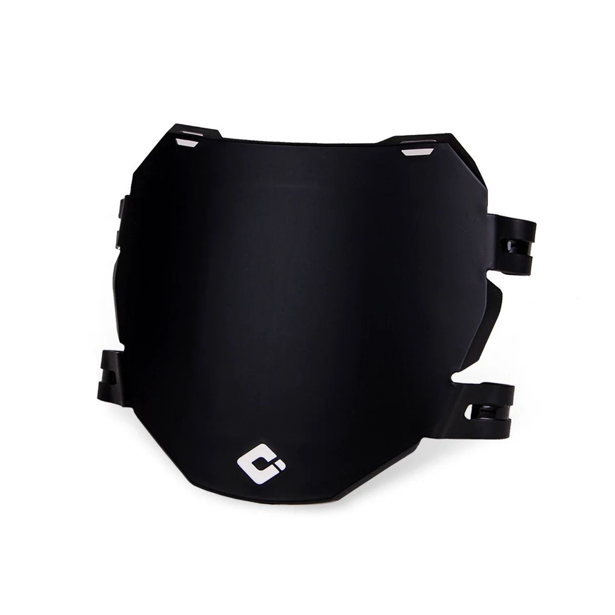 Black downhill number plate with side mounting brackets and strap clip
