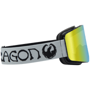 Snow goggles with yellow mirrored Lumalens lens and white DRAGON logo strap panel