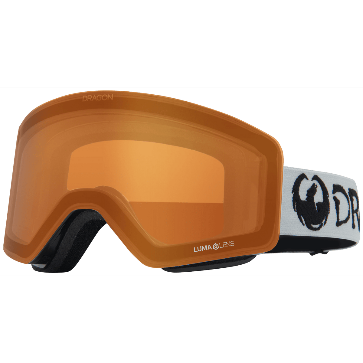 Dragon R1 OTG snow goggles with orange Lumalens lens and white strap
