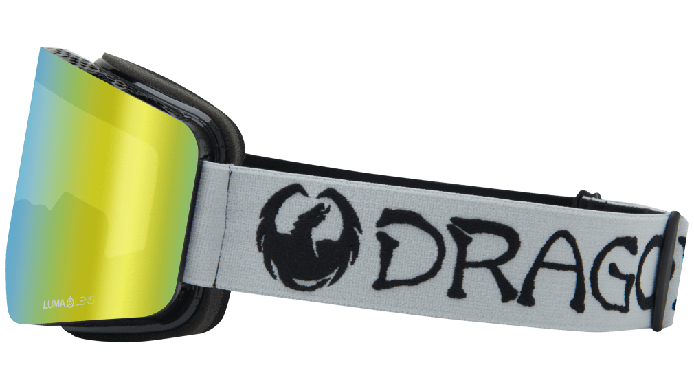 Snow goggles with black frame, yellow mirrored Lumalens lens, and white DRAGON strap