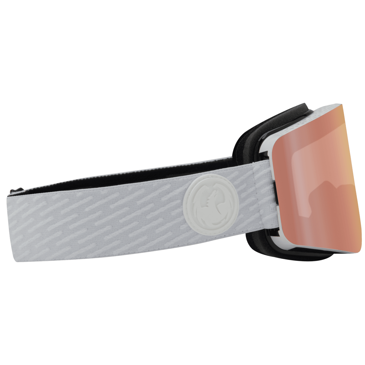 Snow goggles with black frame, orange-pink Lumalens lens, and gray logo strap