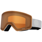 Snow goggles with black frame, amber/orange Lumalens lens, and gray strap