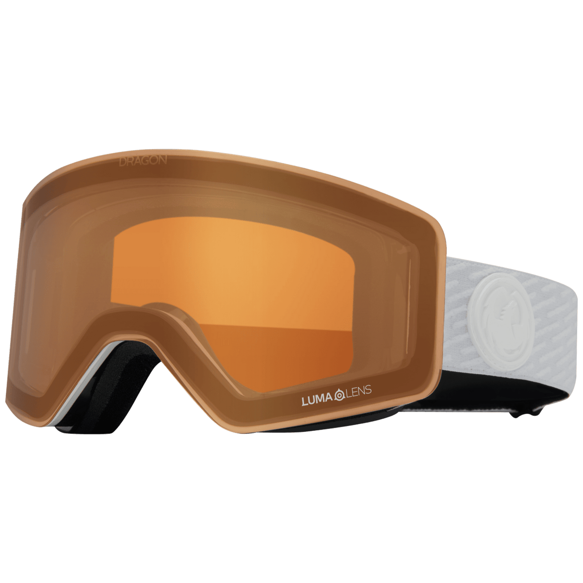 Snow goggles with black frame, amber/orange Lumalens lens, and gray strap
