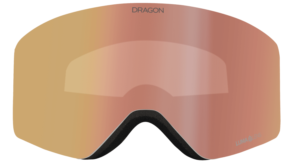 Snow goggles with black frame and large pink Lumalens lens, front view