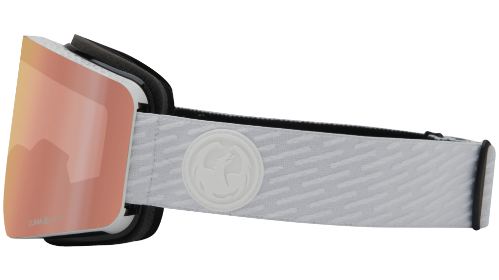 Snow goggles with black frame, pink Lumalens lens, and gray logo strap