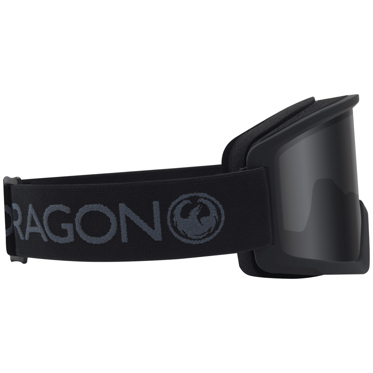 Black OTG snow goggles with DRAGON emblem strap and dark lens