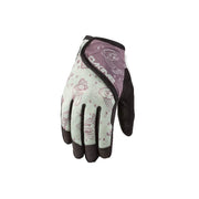 Kids ski glove with black palm and white cartoon print, purple wrist panel.
