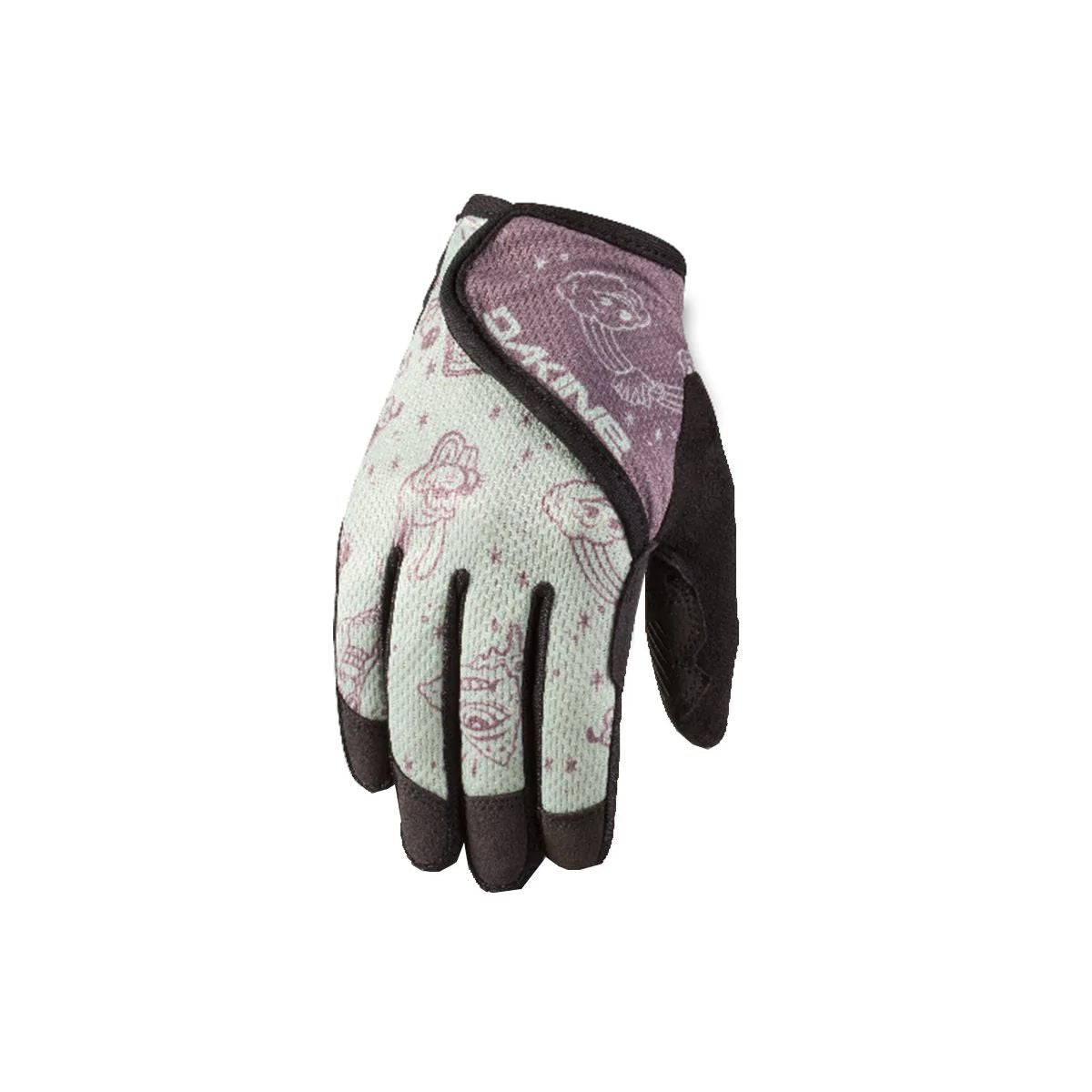 Kids ski glove with black palm and white cartoon print, purple wrist panel.