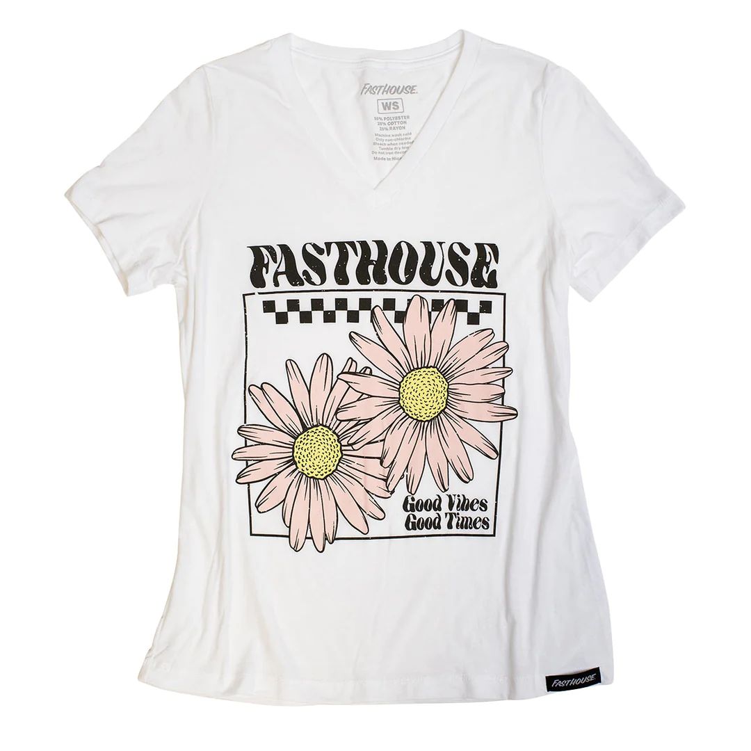 Fasthouse women's white V-neck tee with pink daisy graphic and 'Good Vibes'