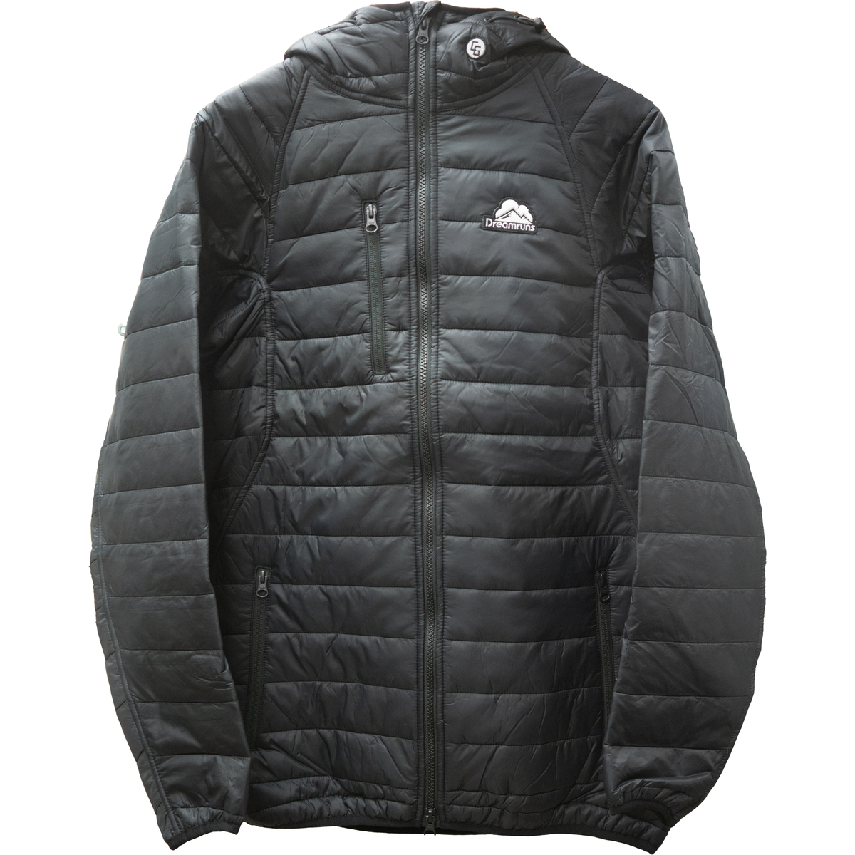 Black puffer jacket, full-zip with stand collar and chest logo patch