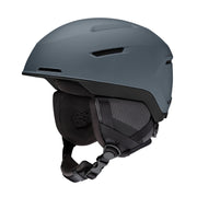 Matte charcoal snow helmet with black chin strap and ventilation vents