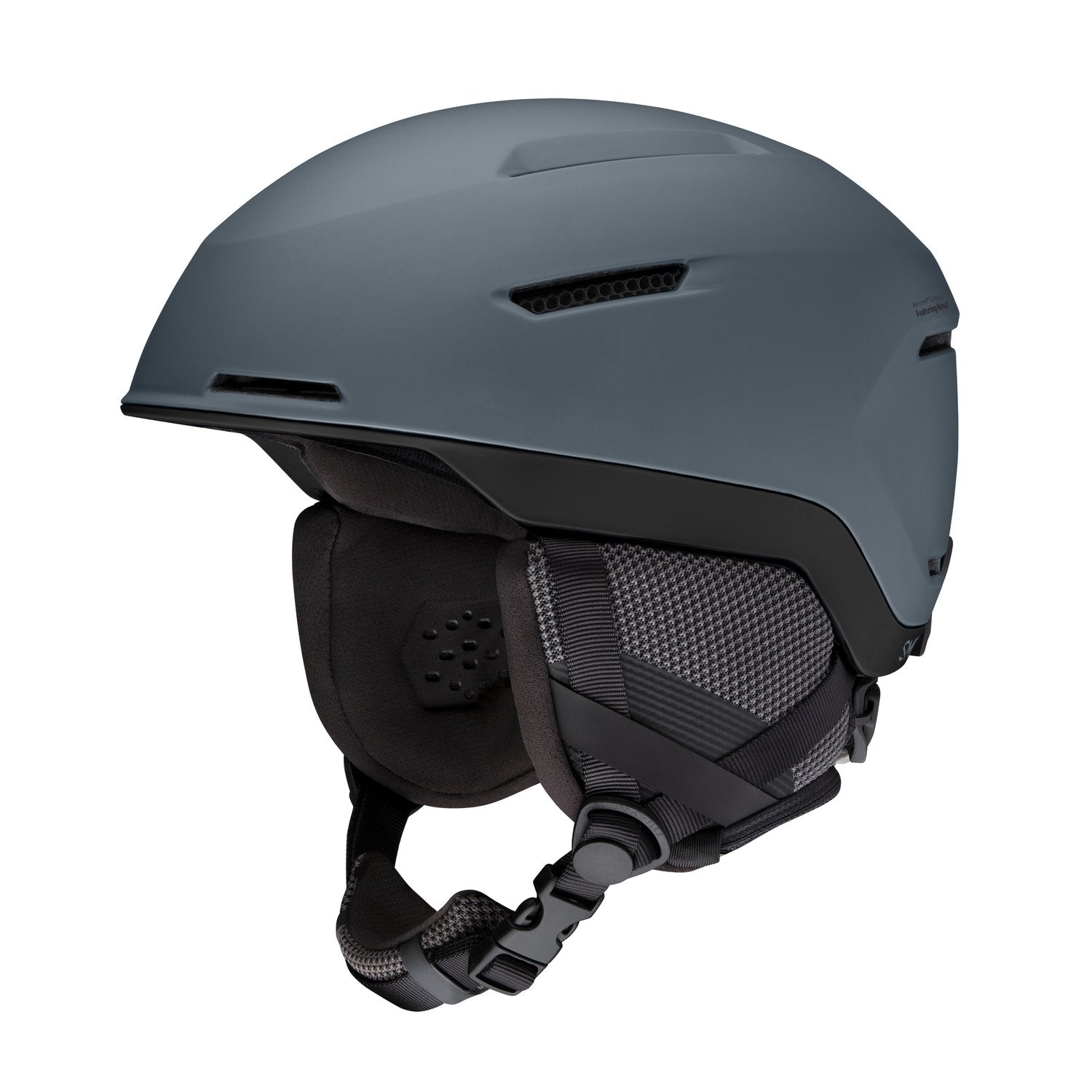 Matte charcoal snow helmet with black chin strap and ventilation vents