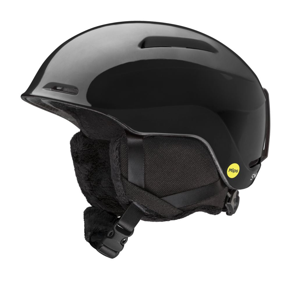 Youth black MIPS snow helmet with chin strap and padded ear coverage
