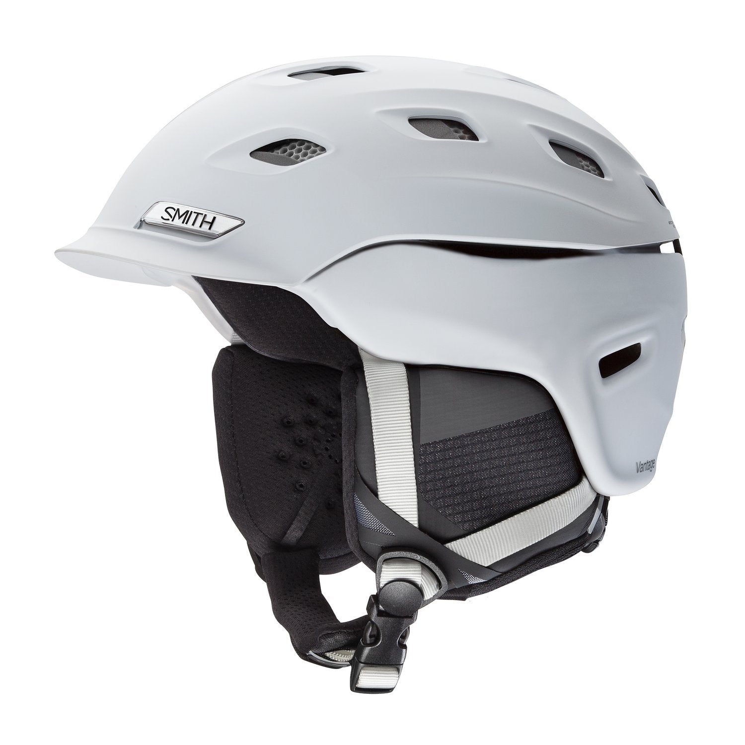 Smith matte white snow helmet with vented shell and adjustable chin strap