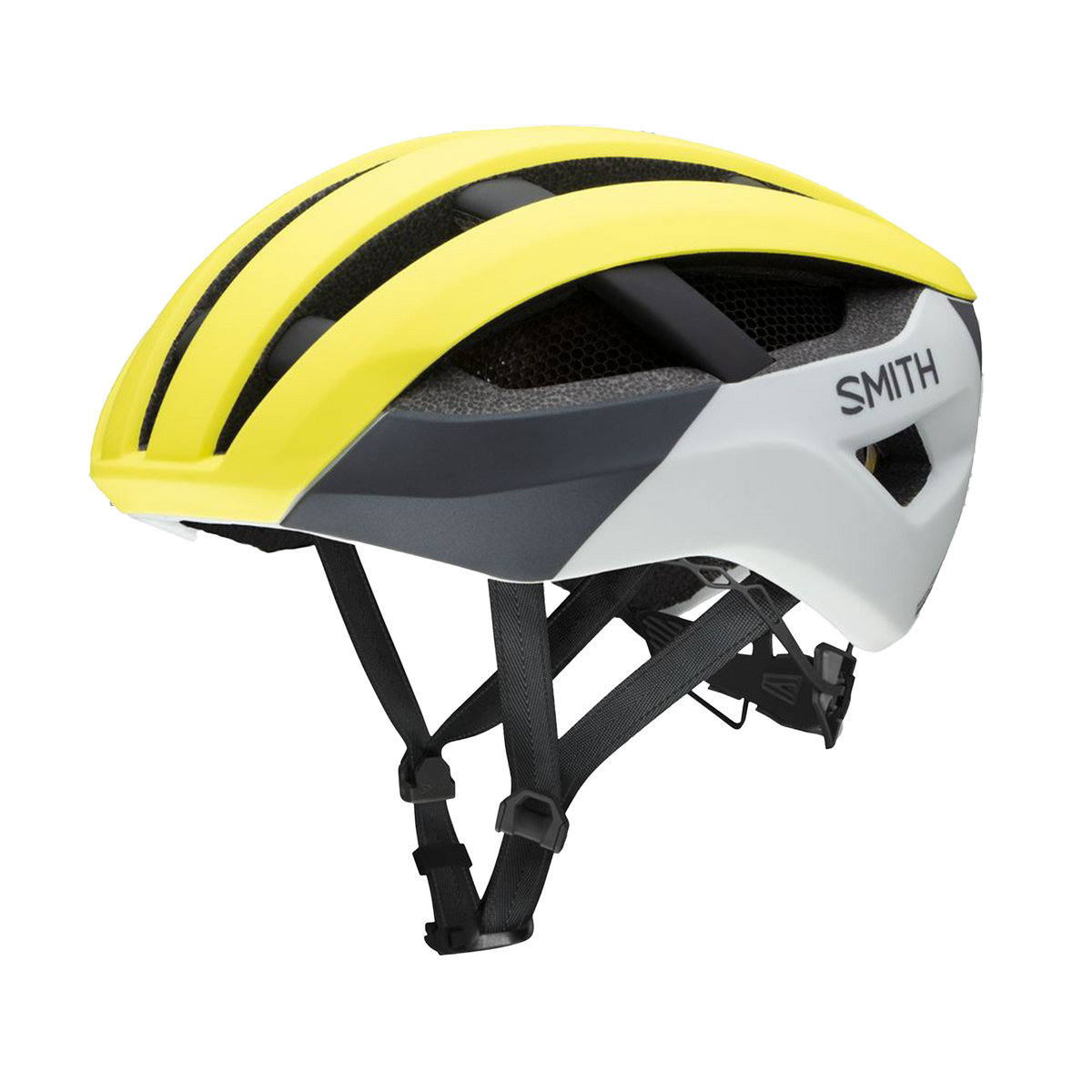 Matte neon yellow cycling helmet with black vents and Smith logo