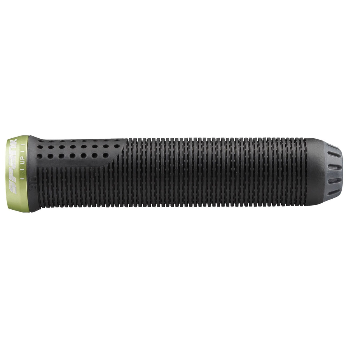 Spike grip handle in black with green end cap and perforated texture