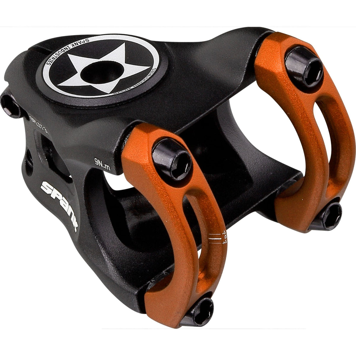 Bike stem with black body and orange clamp, split-stem design with mounting bolts