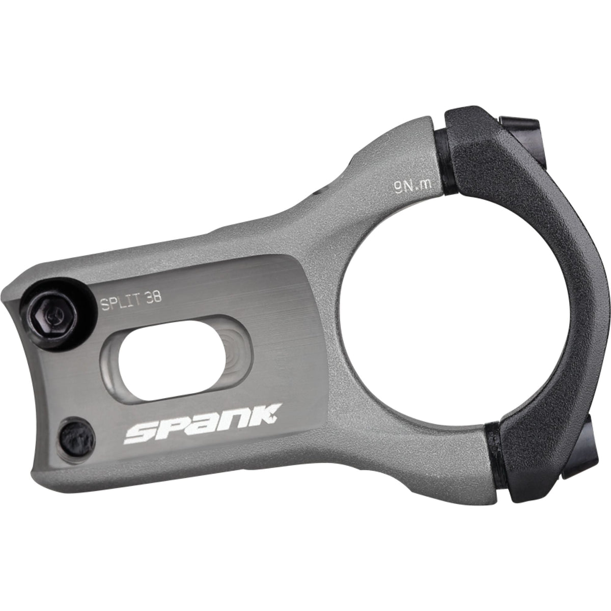 Bike stem in dark gray with clamp hardware and side bolt details
