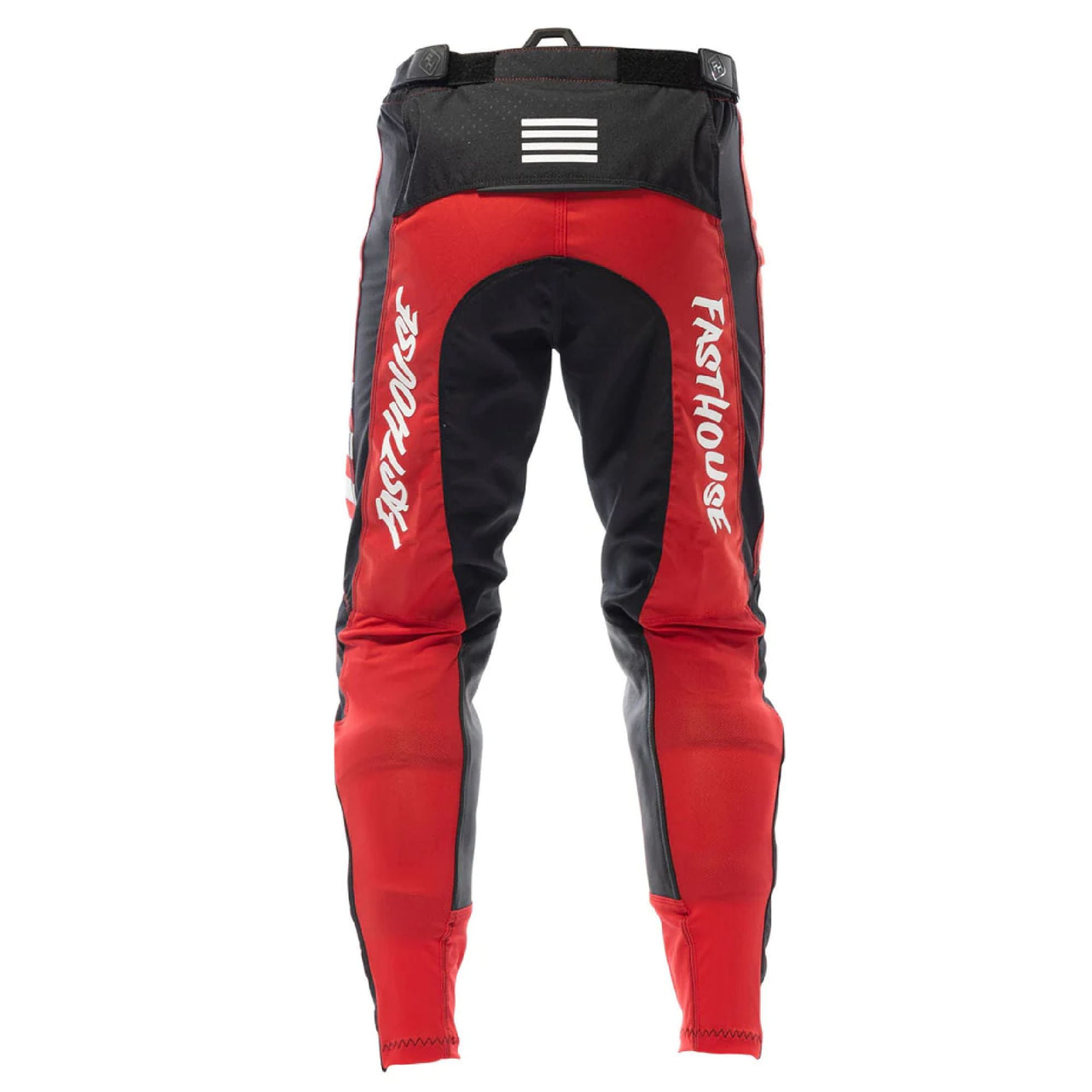 Red and black motocross riding pants with Fasthouse text on legs and reflective stripes.