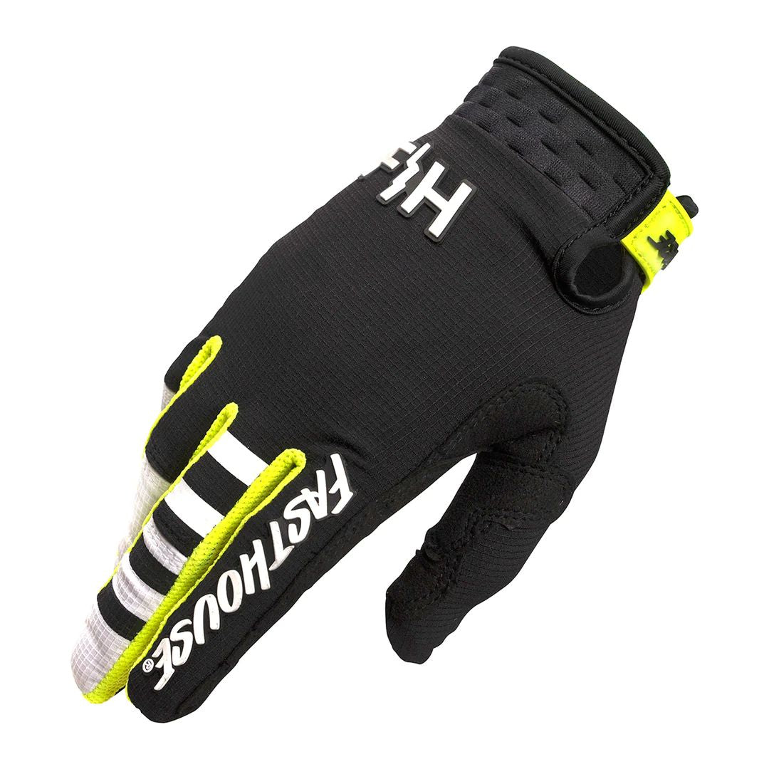 Black textile motorcycle riding glove with neon yellow accents and T/H logo patch