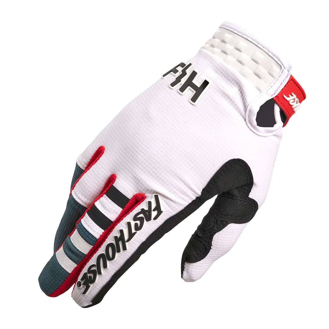 White textile motorcycle riding glove with red and teal stripe cuff and black knuckle pads