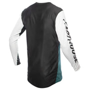 Black long-sleeve cycling jersey, rear view with white sleeves and side teal stripe.