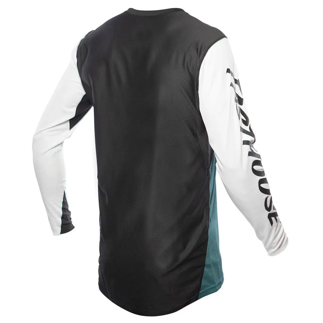 Black long-sleeve cycling jersey, rear view with white sleeves and side teal stripe.
